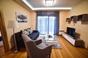 ein Wohnzimmer mit einem Sofa und einem TV in der Unterkunft Apartman Pavle in Zlatibor