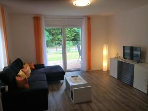 a living room with a couch and a tv at Haus Waldidyll in Lauta