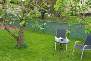 dos sillas y una mesa junto a un árbol en Suite with back garden, en Karlovy Vary