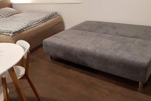 Un dormitorio con dos camas y una mesa y sillas. en Suite with back garden, en Karlovy Vary