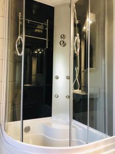 a shower with a glass door in a bathroom at CASA TODEA in Cîmpeni
