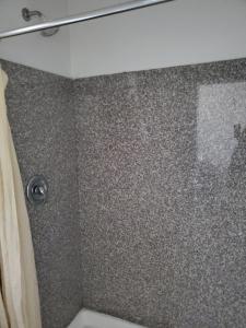 y baño con ducha y cortina de ducha. en High Desert Inn, en Hesperia