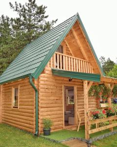 a log cabin with a gambrel roof at Brvnare Spasić in Vinci