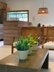 três vasos de plantas numa mesa de madeira numa cozinha em Resort Villas do Pratagy em Maceió
