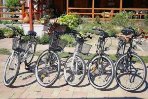 een groep van drie fietsen geparkeerd naast elkaar bij Gemenc Vendégház in Hercegszántó