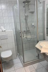 a bathroom with a shower and a toilet and a sink at Hotel Admiral Scheer in Laboe