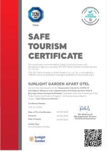ein Flyer für ein sicheres Tourismuszertifikat mit Rot und Weiß in der Unterkunft Sunlight Garden Hotel in Side