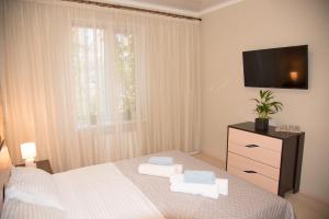 een slaapkamer met een bed met twee handdoeken erop bij Center of Odessa. Comfortable 2 rooms apartment in Odessa