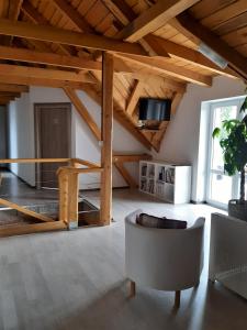 a living room with a couch and a tv and wooden ceilings at Čenovický dvůr in Čestín