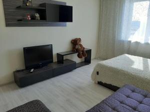 a living room with a tv and a teddy bear sitting on a table at Apartment on Aviatorov 23 in Krasnoyarsk