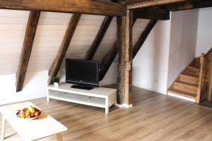 a living room with a tv on a white cabinet at Workers Apartment in Frickenhausen mit TV & WLAN in Frickenhausen