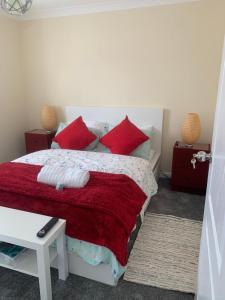 a bedroom with a bed with red pillows at Sunny Studio with en-suite in Belvedere