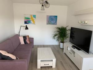 een woonkamer met een paarse bank en een flatscreen-tv bij Nowe mieszkanie w idealnej okolicy in Pabianice