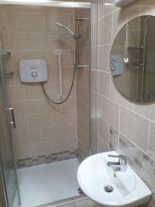 a bathroom with a shower and a sink and a mirror at Lakeside Loughrea in Loughrea