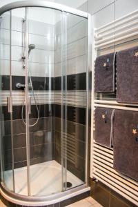 La salle de bains est pourvue d'une douche en verre et de serviettes. dans l'établissement Apartment in downtown, à Olomouc