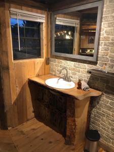 a bathroom with a sink and two windows at Double G Ranch & Guestlodge in Montrose