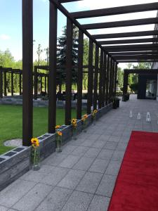 a red carpet with yellow flowers in vases on a sidewalk at Hotel Amelia in Bydgoszcz