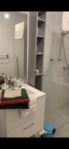 a bathroom with a sink and a shower with towels at Une envie de montagne in Guillestre