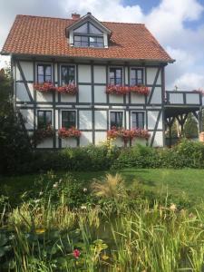 a white and black house with flowers in the yard at Schöne gemütliche Ferienwohnung mit Kamin I im Harz in Darlingerode