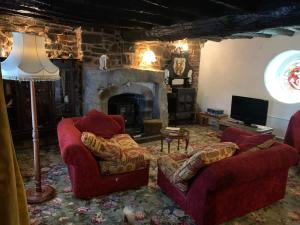 a living room with two red couches and a fireplace at Cobweb Hall in Okehampton