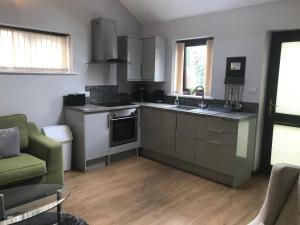 a kitchen with stainless steel appliances and a green couch at The Annex Apartment is on Cheddar Bridge Apartments in Cheddar