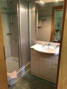 La salle de bains est pourvue d'un lavabo, d'une douche et d'un miroir. dans l'établissement Appartement für 4 Personen, à Gerlos
