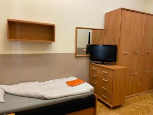 a bedroom with a tv and a dresser with a mirror at Guest Rest Studio Apartments in Budapest