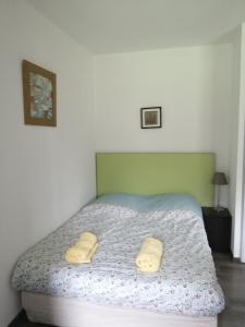 Tempat tidur dalam kamar di Le Havre de Paix 8 , Les Hauts de Honfleur, Piscine, WIFI et Parking gratuits