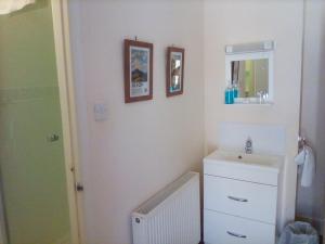 een badkamer met een toilet, een wastafel en een spiegel bij Glenleigh Bed and Breakfast in Marazion