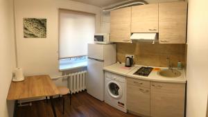a small kitchen with a washing machine and a table at Апартаменты метро Тараса Шевченко in Kyiv