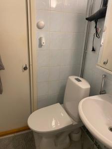 a bathroom with a white toilet and a sink at Apartments ”Enkeli” in Kotka