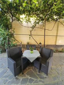 two wicker chairs and a table with a plant on it at Pensiunea Iris in Sighetu Marmaţiei
