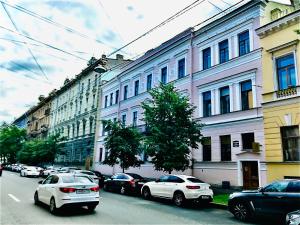 聖彼得堡的住宿－Neva Delta Hotel，街道上,有汽车停在建筑前