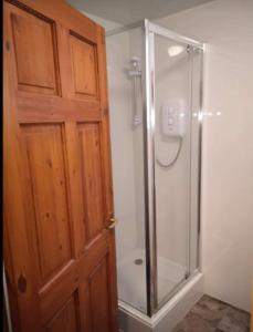 a bathroom with a shower and a wooden door at Panoramic Harbour View Apartment in Oban