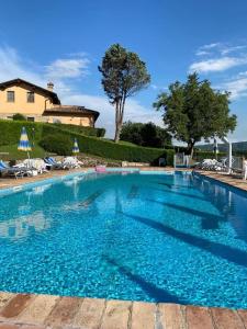 a large blue swimming pool with chairs and a house at Agriturismo Comparone Casavecchia in Città di Castello