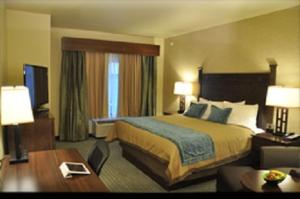 um quarto de hotel com uma cama grande e uma secretária em Little Missouri Inn & Suites Watford City em Watford City