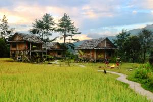 a group of houses in a field with a fire at Lapantan Paradise in Lao San Chay