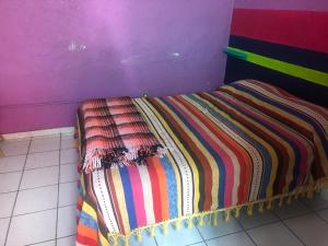 a bed in a room with a blue blanket and pillows at Iguana Hostel Oaxaca in Oaxaca City