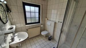 W łazience znajduje się toaleta, umywalka i prysznic. w obiekcie Prestige Bistro & Pension w mieście Pfungstadt