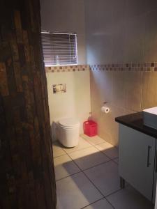 a bathroom with a white toilet and a red basket at AAA Rose Garden Guesthouse in Naboomspruit