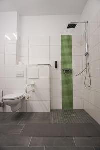 a bathroom with a toilet and a shower with a green stripe at nicetostay in Bremen