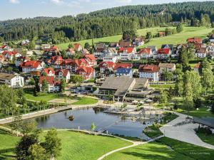 an aerial view of a town with a lake at Gästehaus Ursula in Hornberg