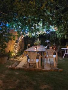 una mesa y sillas en un jardín con luces en Affittacamere da Zia Michelina, en Pontedera