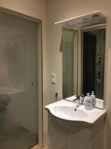 ein Badezimmer mit Waschbecken und Dusche mit Spiegel in der Unterkunft Monteurzimmer mit Singleküche in Kaufing + 26 Fotos