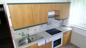 eine Küche mit Holzschränken und einem Waschbecken in der Unterkunft Haus Margarete in Lackenhof