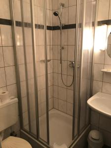La salle de bains est pourvue d'une douche, de toilettes et d'un lavabo. dans l'établissement Rheinhotel Starkenburger Hof, à Bingen am Rhein