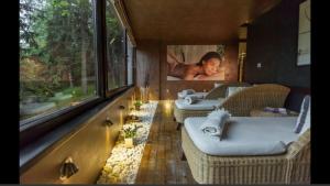 a room with two wicker chairs and a bath tub at Poiana Brasov Alpin Executive Apartment in Poiana Brasov