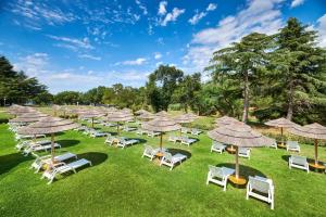 a row of chairs and umbrellas on the grass at Hotel Mediteran Plava Laguna in Poreč
