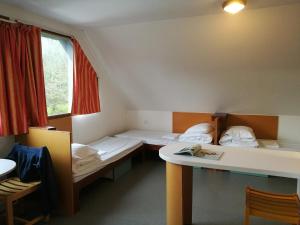 Habitación con 2 camas, mesa y ventana en Auberge de Jeunesse HI Cancale, en Cancale