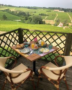 einen Tisch mit Speisen und Getränken auf einem Balkon mit Aussicht in der Unterkunft Allegro Holiday in Nizza Monferrato